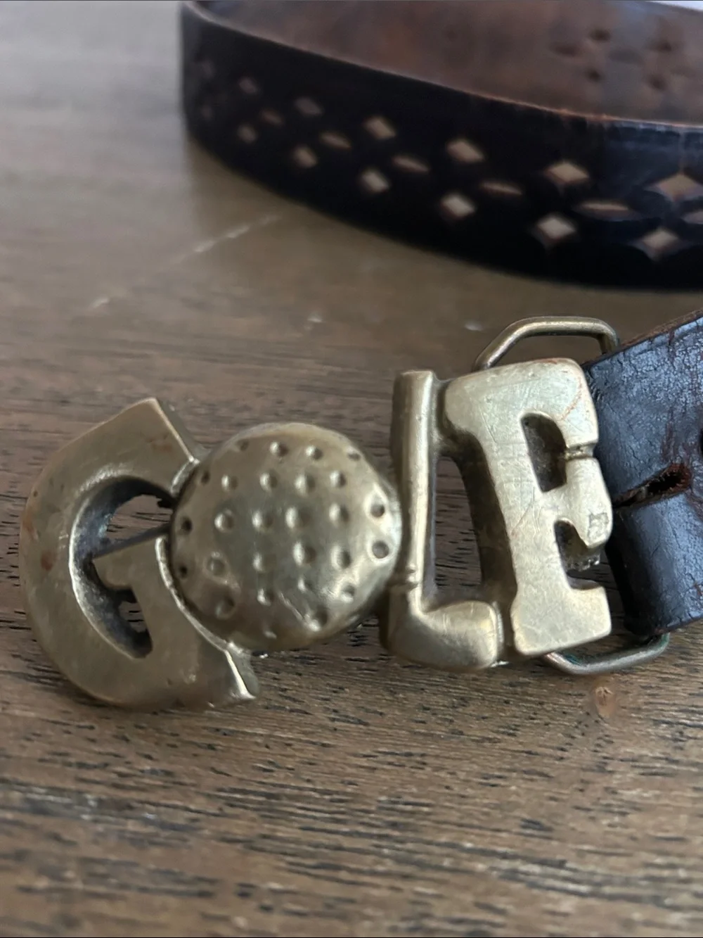 Vintage 70’s GOLF  Solid Brass Buckle Leather Belt - Brown. Made in Taiwan.